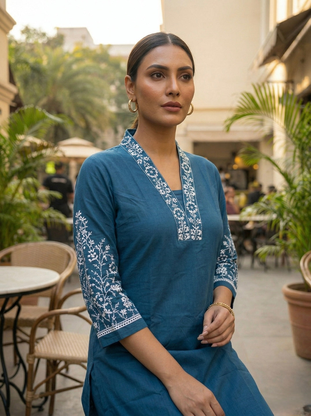 Ethnic Motifs Embroidered Cotton Blend Kurta Set for Women | V-Neck Thread Work Straight Kurta with Trousers