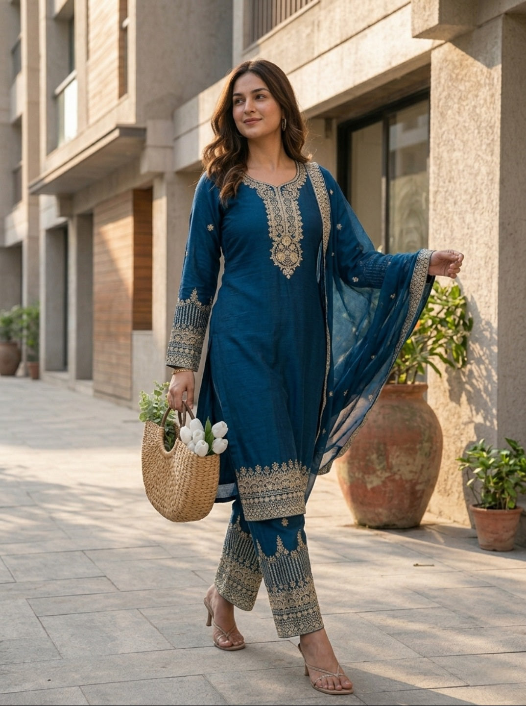 Blue Pure Chinon Silk Embroidered Straight Kurta Set with Dupatta & Trousers | Festive & Ethnic Wear for Women
