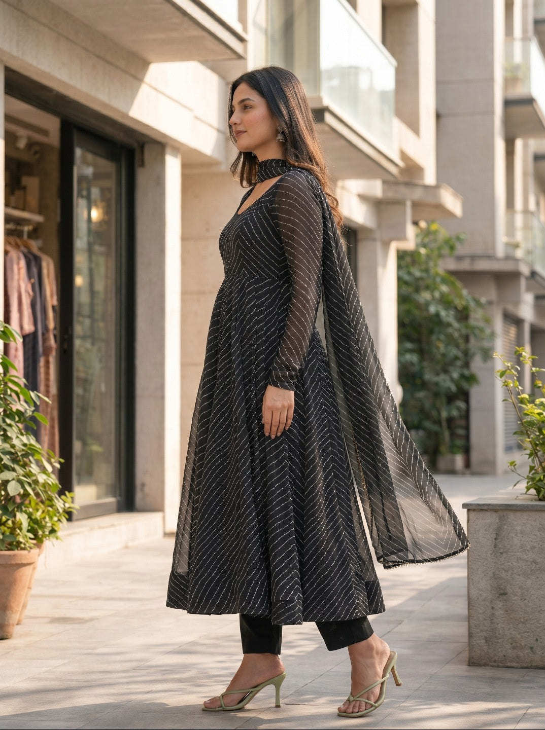 premium Laheriya Print Anarkali Suit Set with Dupatta | Designer Fox Georgette Flared Kurta Set for Women
