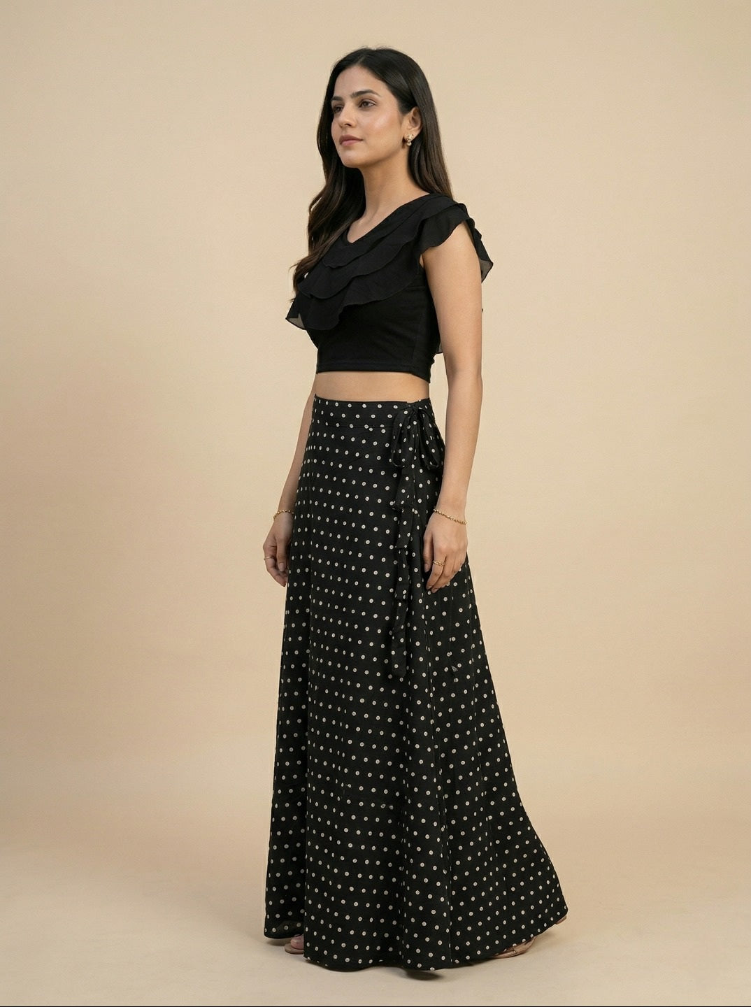 Black Crop Top & Skirt Set for Women | Lycra Crop Top with American Crepe Skirt Party Wear Co-Ord Set