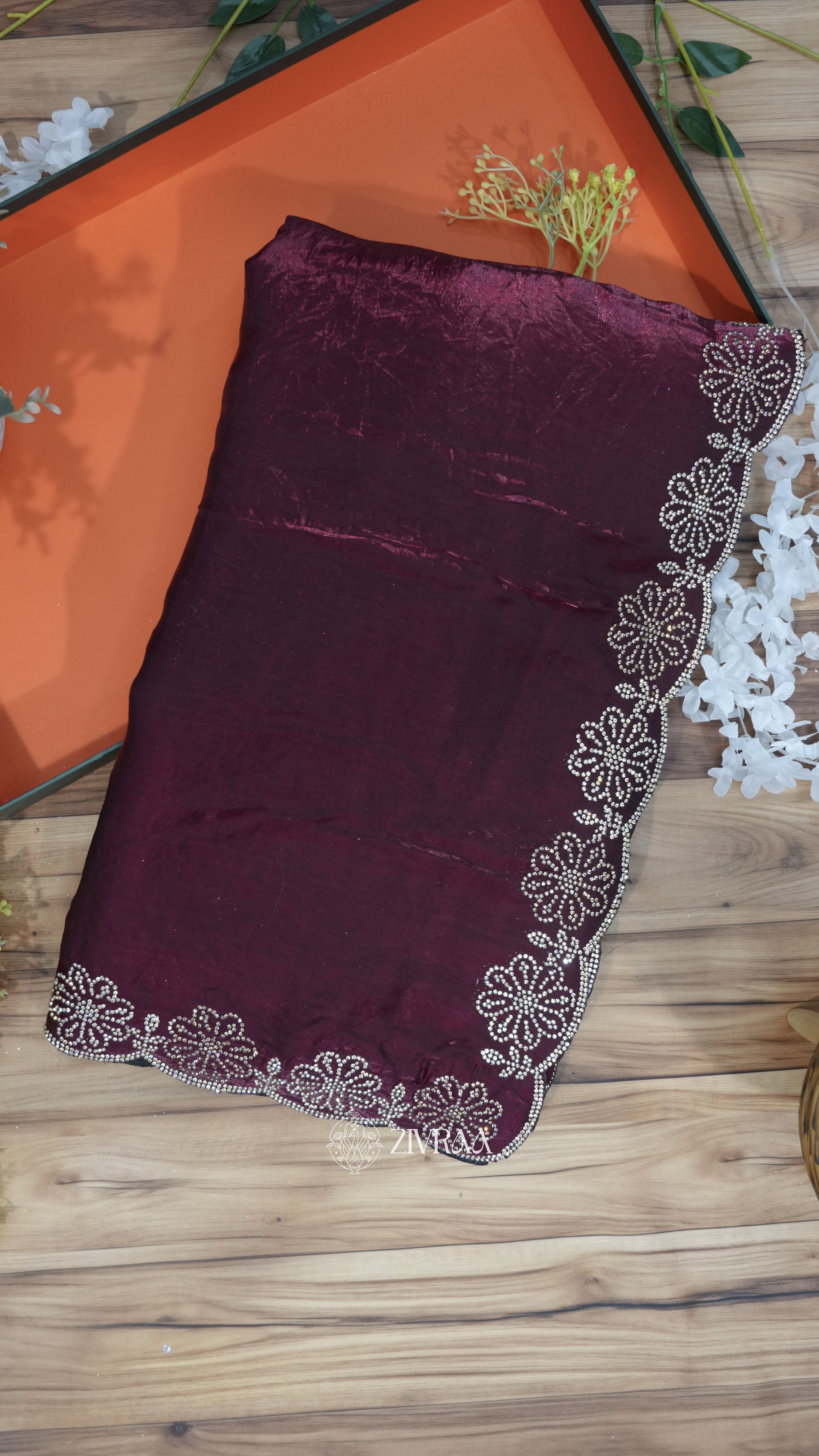 Elegant Teal Blue Fendi Silk Saree with Floral Stone Border