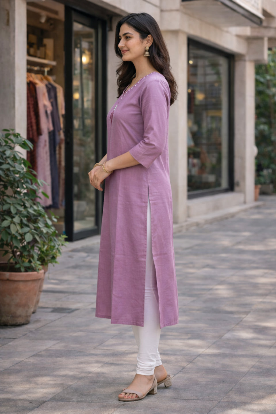Women's Mauve Solid Straight Kurti with Embroidered Neck | Elegant Ethnic Kurta for Women | Casual & Office Wear Stylish Kurti