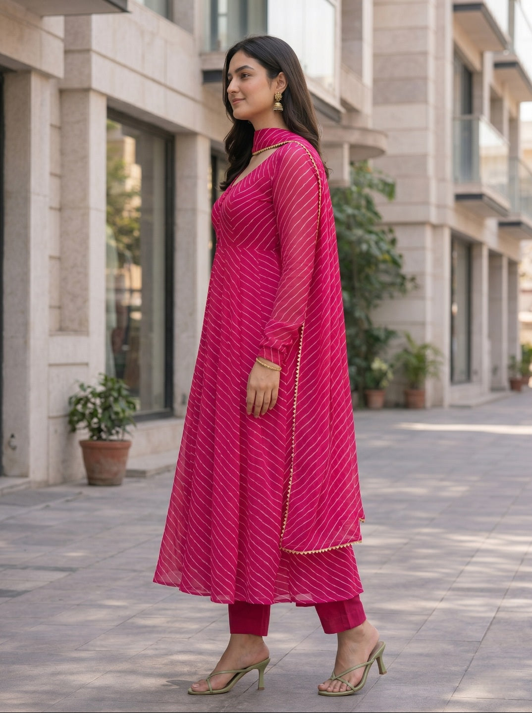 premium Laheriya Print Anarkali Suit Set with Dupatta | Designer Fox Georgette Flared Kurta Set for Women