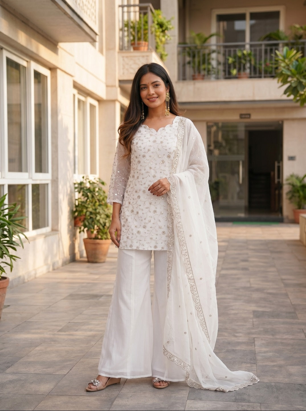Elegant White Crunchy Silk Kurta Set with Dupatta | Ethnic Festive Wear for Women