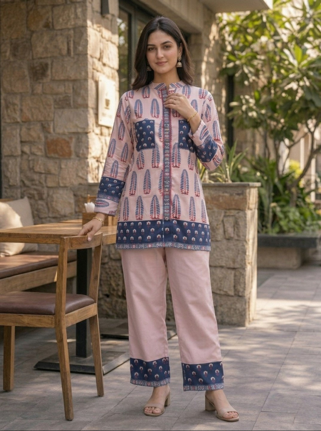 Peach Printed Rayon Slub Co-Ord Set for Women | Ethnic Casual Kurta & Pant Set | Straight Fit Stylish Co-Ord Set
