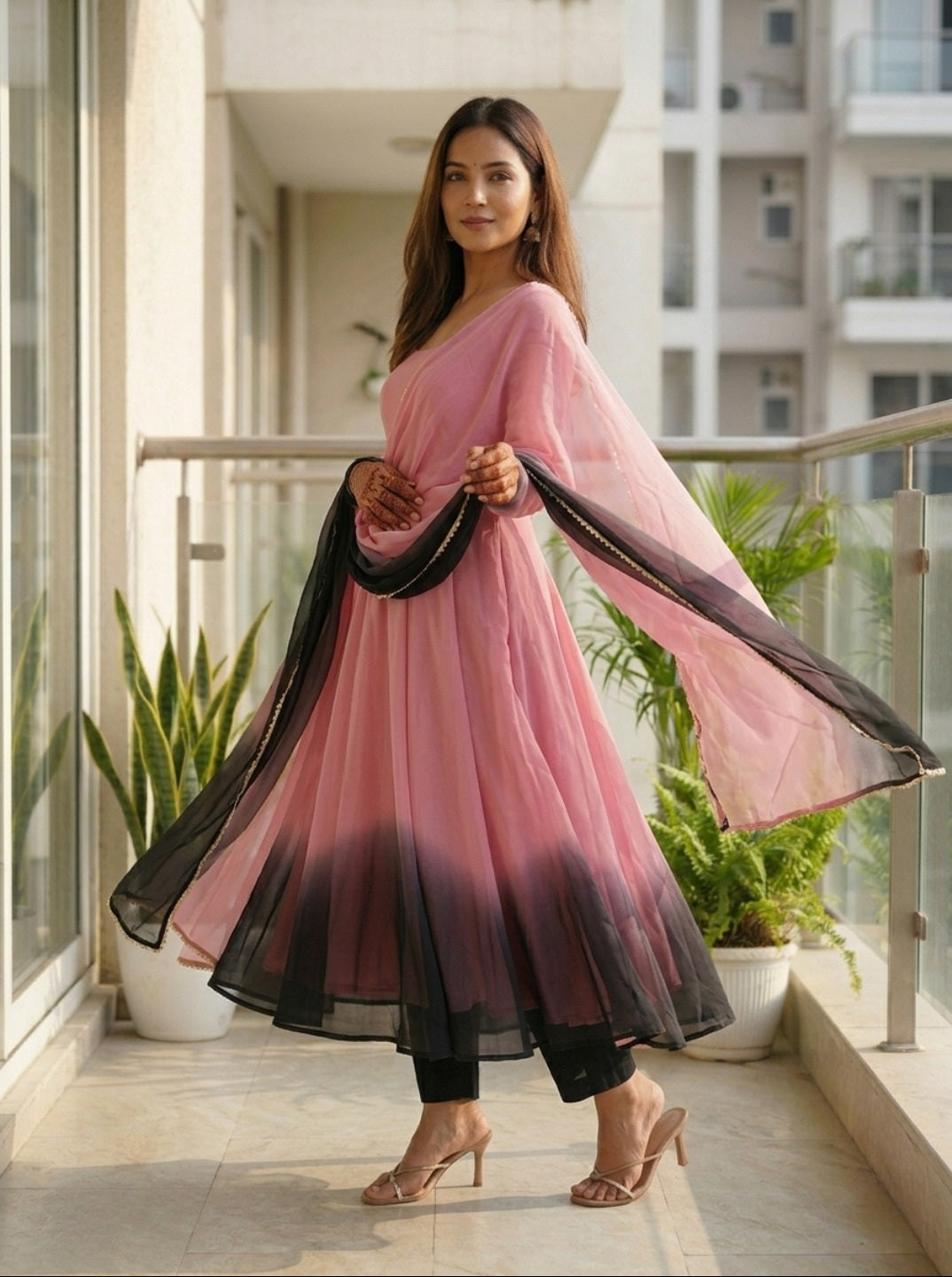 Women Fox Georgette Fully Flared Anarkali Kurta Set with Dupatta & Pants