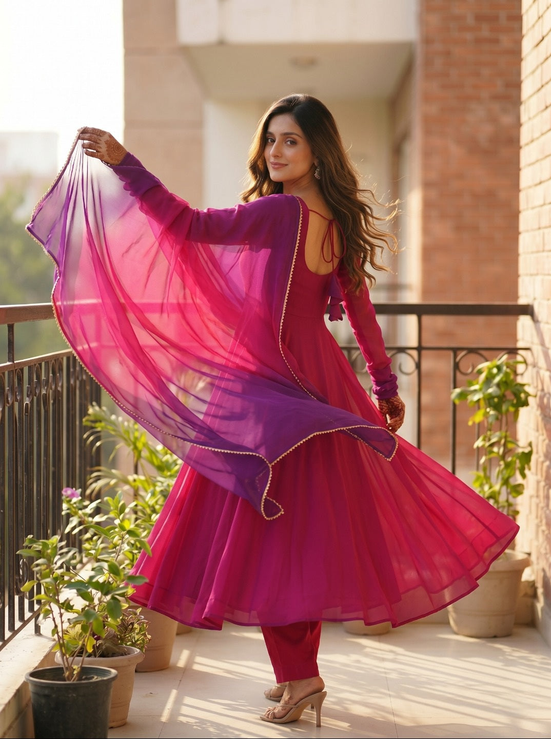 Women Fox Georgette Fully Flared Anarkali Kurta Set with Dupatta & Pants