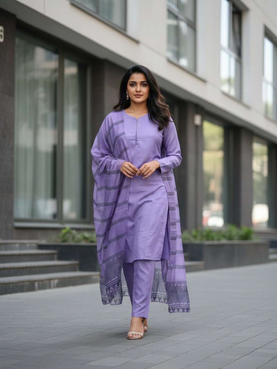 Purple 3 Piece Kurta Set for Women with Printed Dupatta | Elegant Straight Kurti Pant Set | Office Wear, Festive Wear & Daily Wear Ethnic Suit
