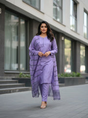 Purple 3 Piece Kurta Set for Women with Printed Dupatta | Elegant Straight Kurti Pant Set | Office Wear, Festive Wear & Daily Wear Ethnic Suit
