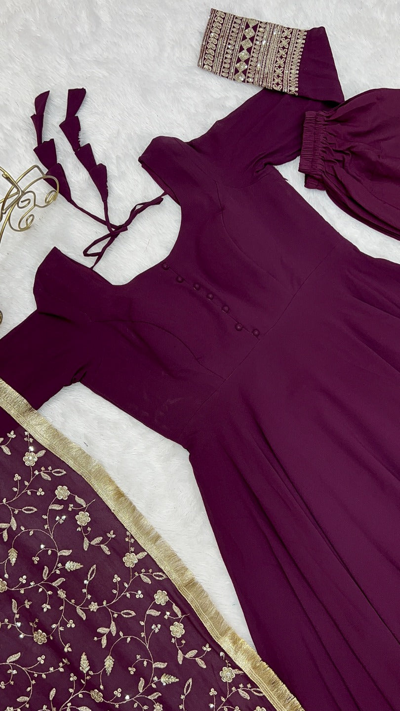 Georgette Anarkali Gown Set with Embroidered Dupatta & Pant – Festive Wear | Fully Stitched