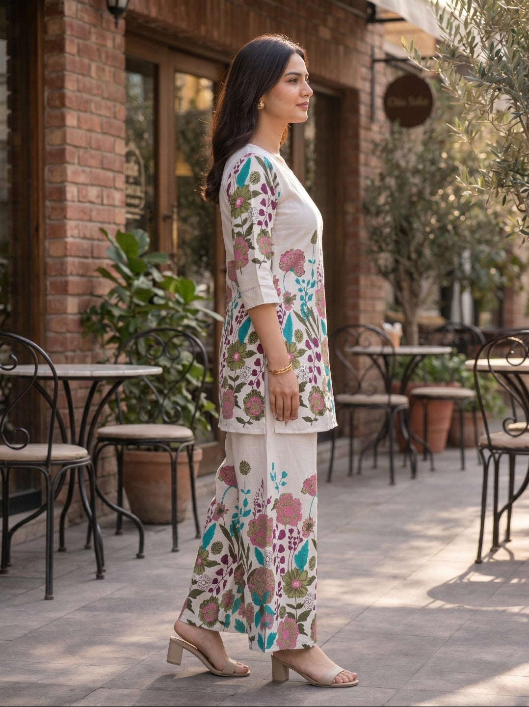 Women Off-White Multicolor Floral Printed Khadi Cotton Co-Ord Set with Straight Kurta & Trousers