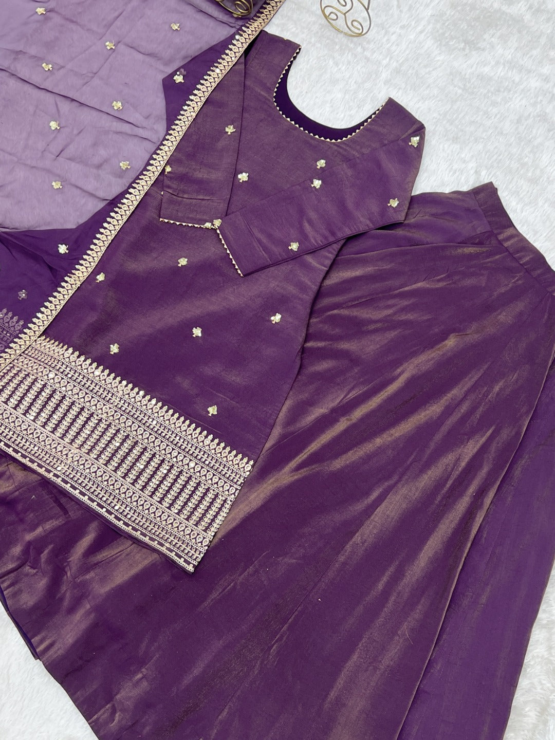 Purple Roman Shimmer Chanderi Silk Embroidered Kurta Sharara Set With Dupatta | Festive Ethnic Wear For Women