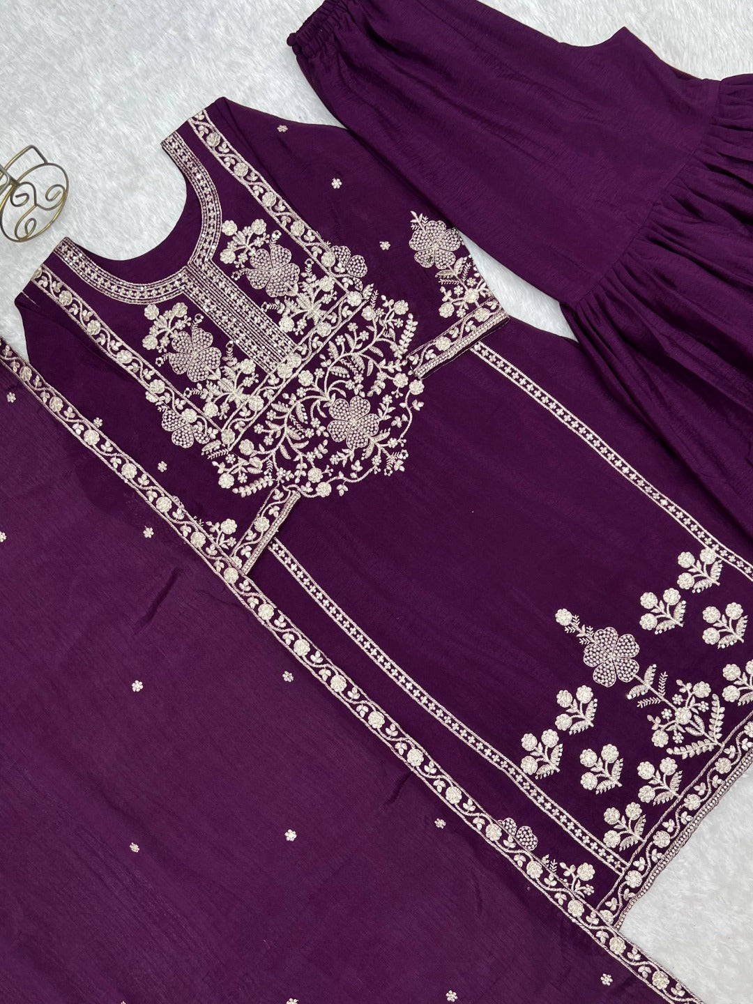 Purple Embroidered Chinnon Silk Kurta Set with Sharara & Dupatta | Festive 3-Piece Ethnic Set for Women