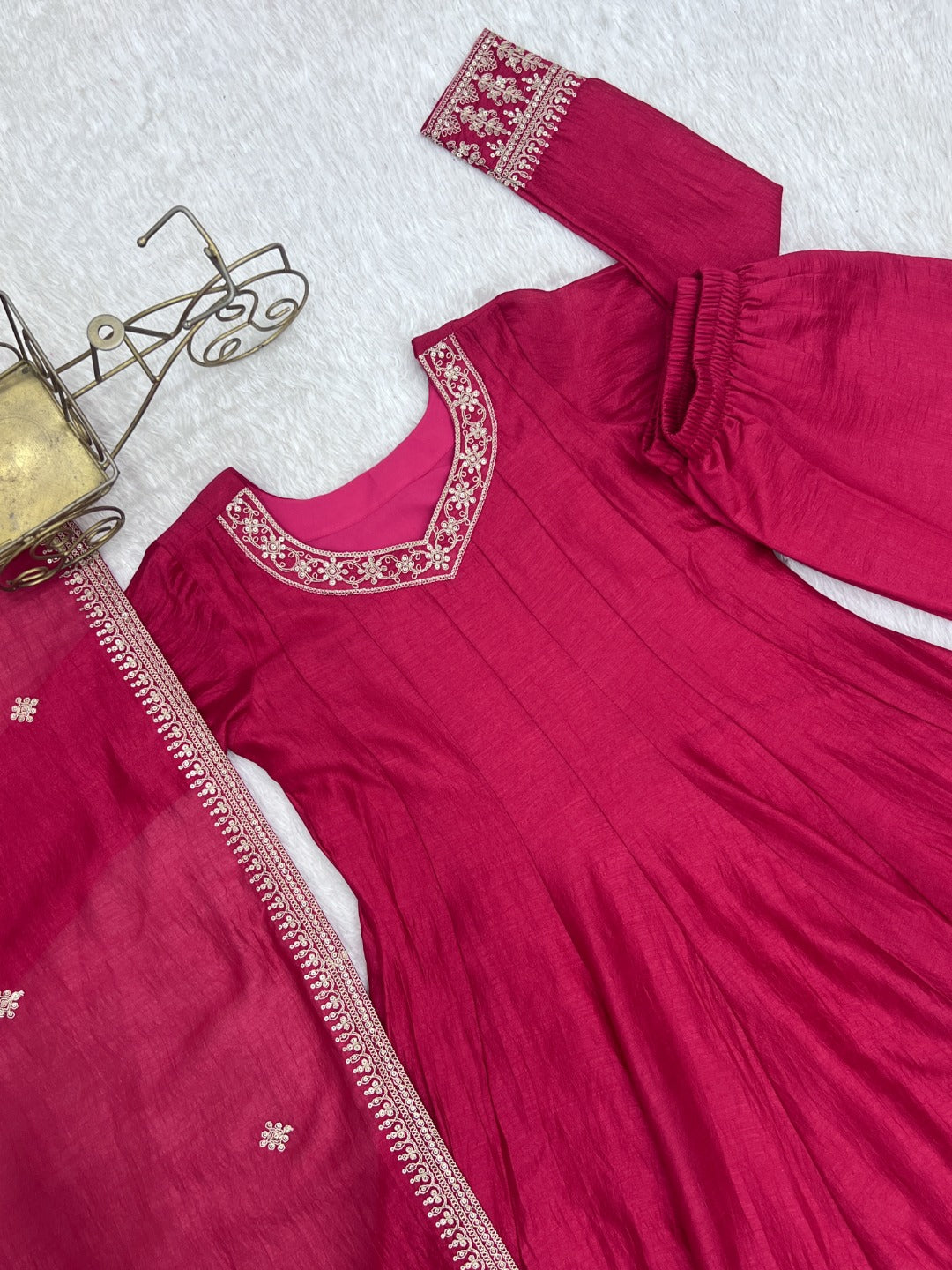 Women Darkpink Vichitra Silk Embroidered 3 Piece Kurta Set with Dupatta | Festive & Party Wear Ethnic Set