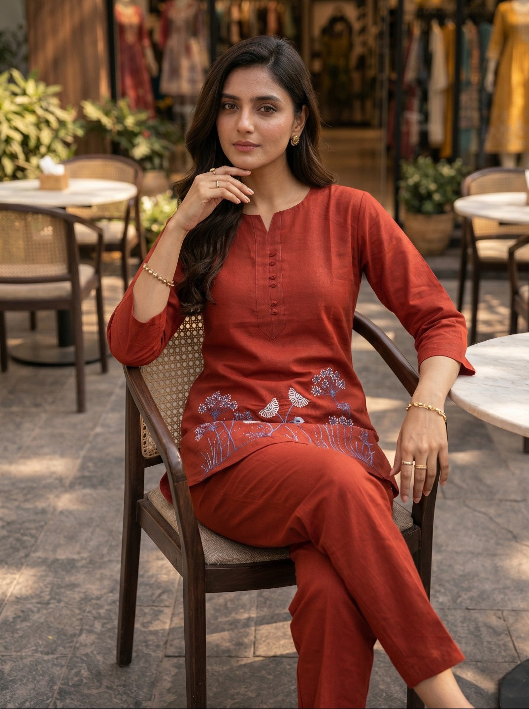 Women's Rust Cotton Floral Printed Co-Ord Set | Straight Fit Top With Matching Pants | Casual & Ethnic Wear Set