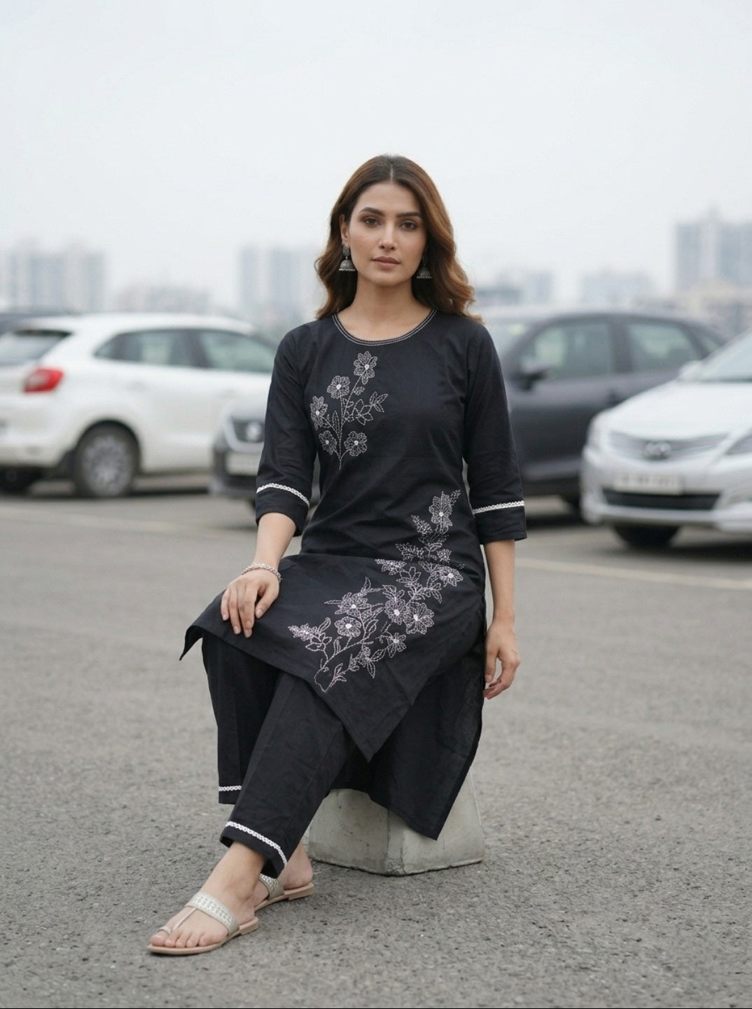 Women’s Black Cotton Kurta Set with White Floral Embroidery | Elegant Straight Kurta Set with Floral Thread Work