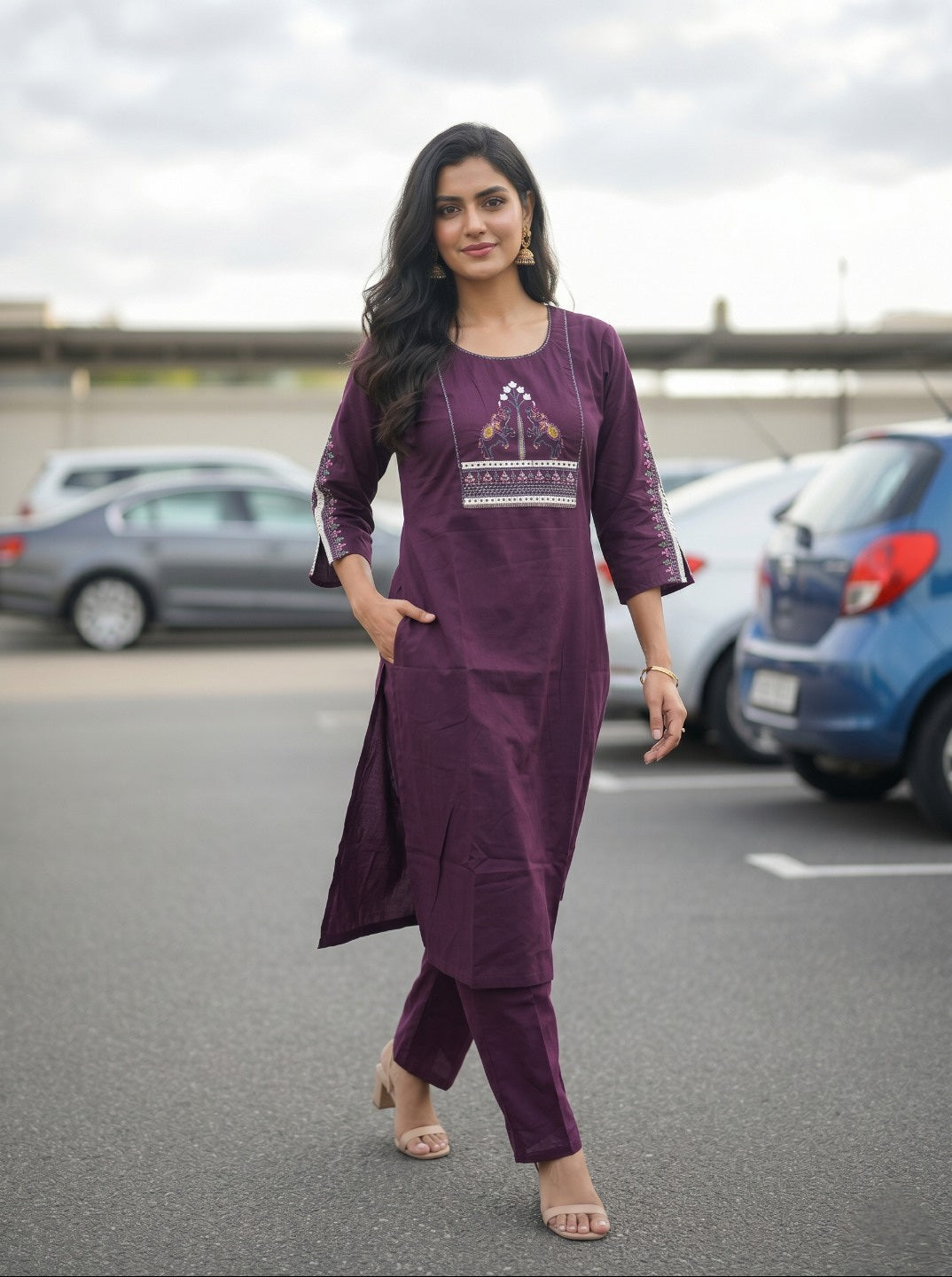 Royal Wine Cotton Embroidered Kurta Pant Set | Elegant Ethnic Cotton Kurta Set for Daily & Festive Wear