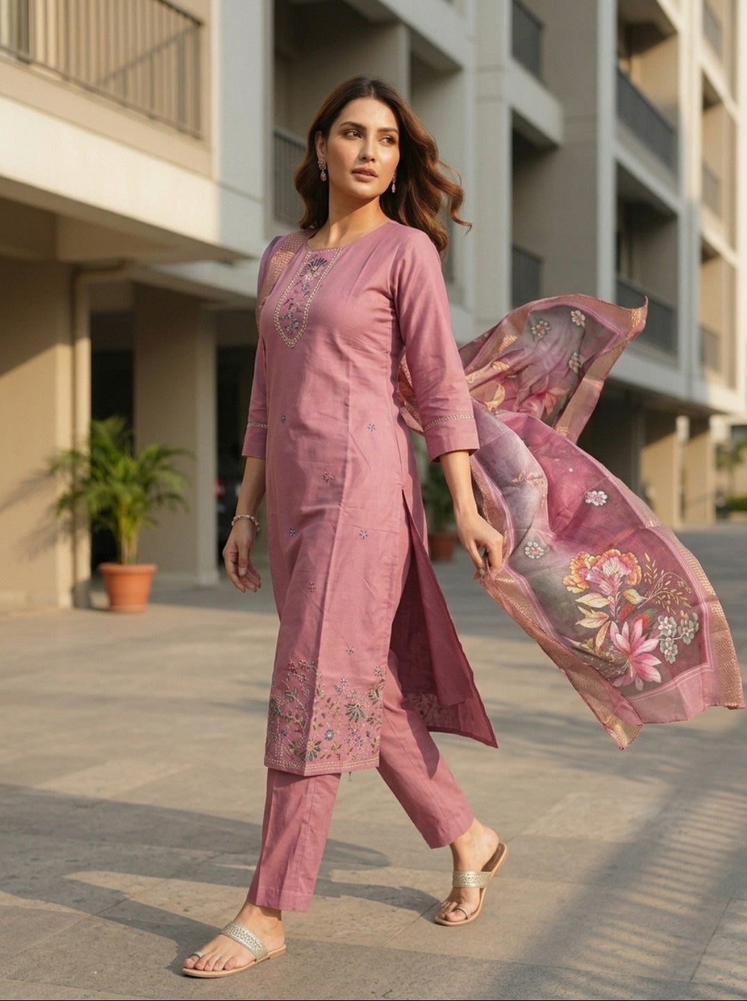 Pink Roman Silk Embroidered Kurta Pant Set with Floral Organza Chanderi Dupatta | Premium Ethnic Wear for Women