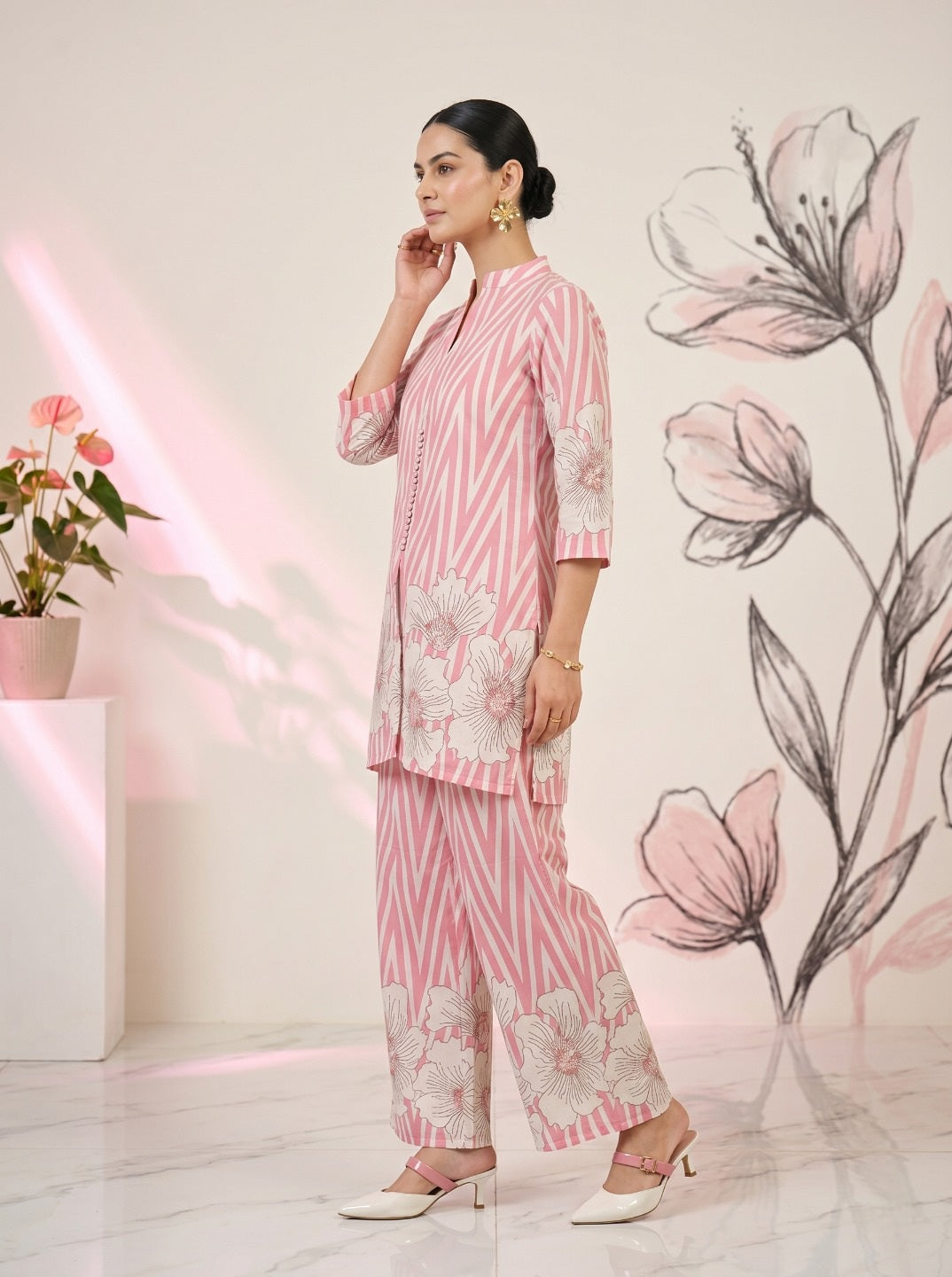 Pink Floral Cotton Co-Ord Set for Women | Striped Top & Straight Pant | Festive & Casual Wear