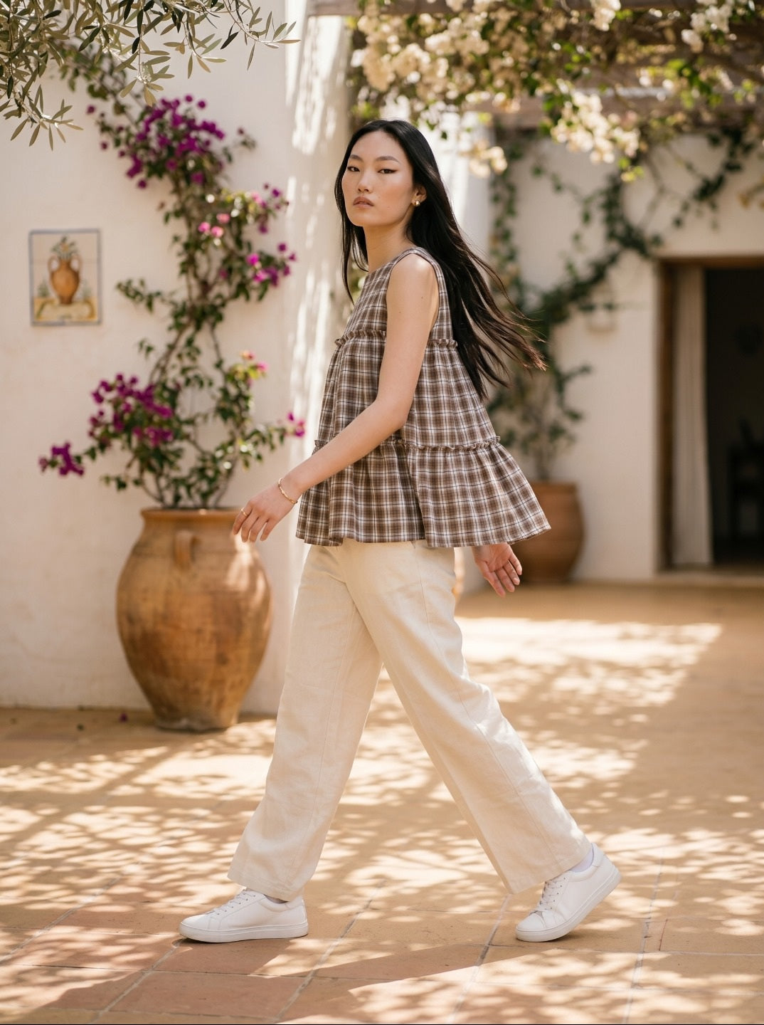 Women's Premium Linen Cotton Co-Ord Set | Sleeveless Checked Summer Co-Ord Set with Relaxed Pants | Casual Chic Everyday Wear