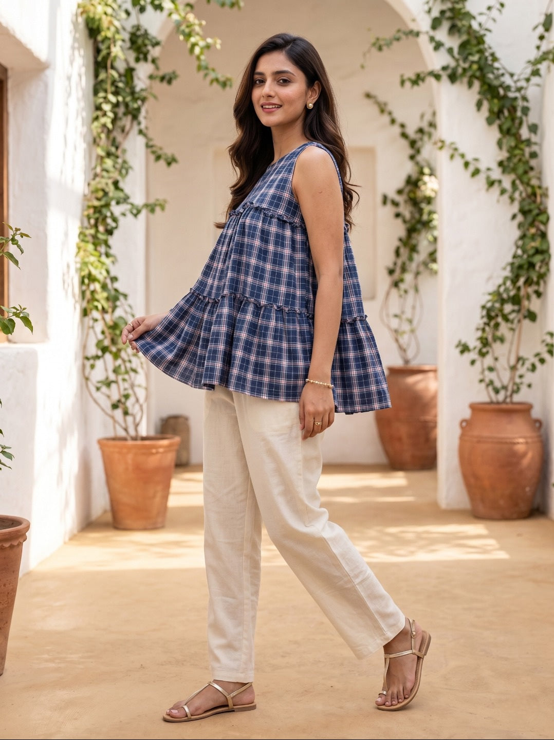 Women's Premium Linen Cotton Co-Ord Set | Sleeveless Checked Summer Co-Ord Set with Relaxed Pants | Casual Chic Everyday Wear