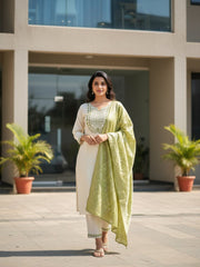Off White & Olive Green 3 Piece Kurta Set for Women with Dupatta | Elegant Embroidered Kurti Pant Set | Festive Wear, Office Wear & Traditional Ethnic Suit