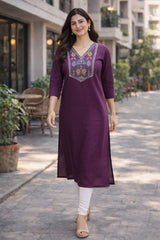 Women Purple Embroidered Straight Kurti | Stylish V-Neck Ethnic Kurta for Women | Casual Office Wear Long Kurti