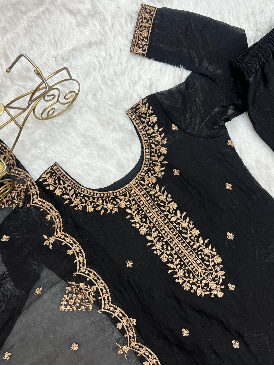 Black Embroidered Kurta Sharara Set with Dupatta | Heavy Crunchy Silk Festive Wear | Designer Ethnic Suit for Women