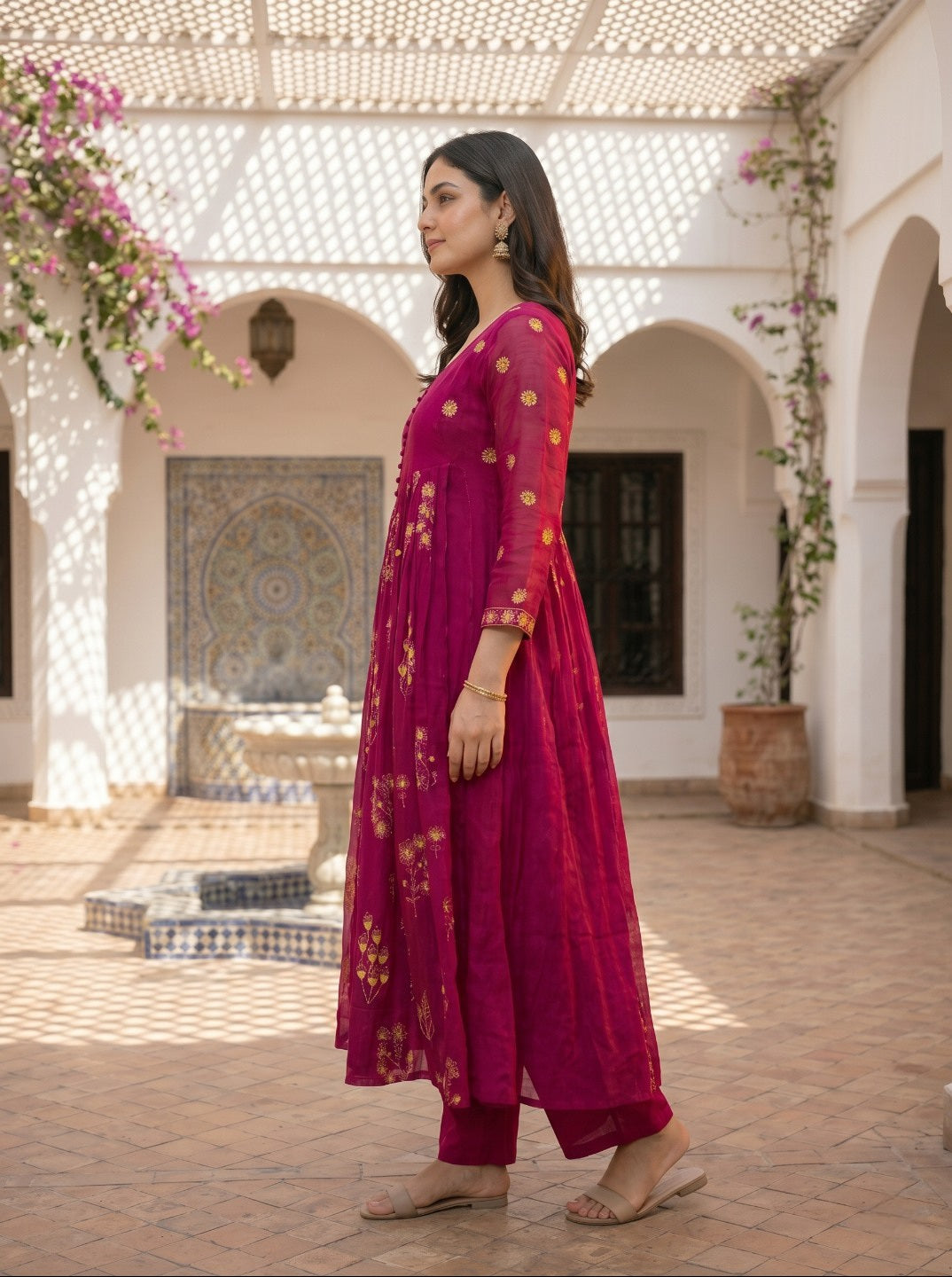Premium Floral Printed Mal Chanderi Kurta Set for Women with Roman Silk Pant | Elegant Festive & Ethnic Wear