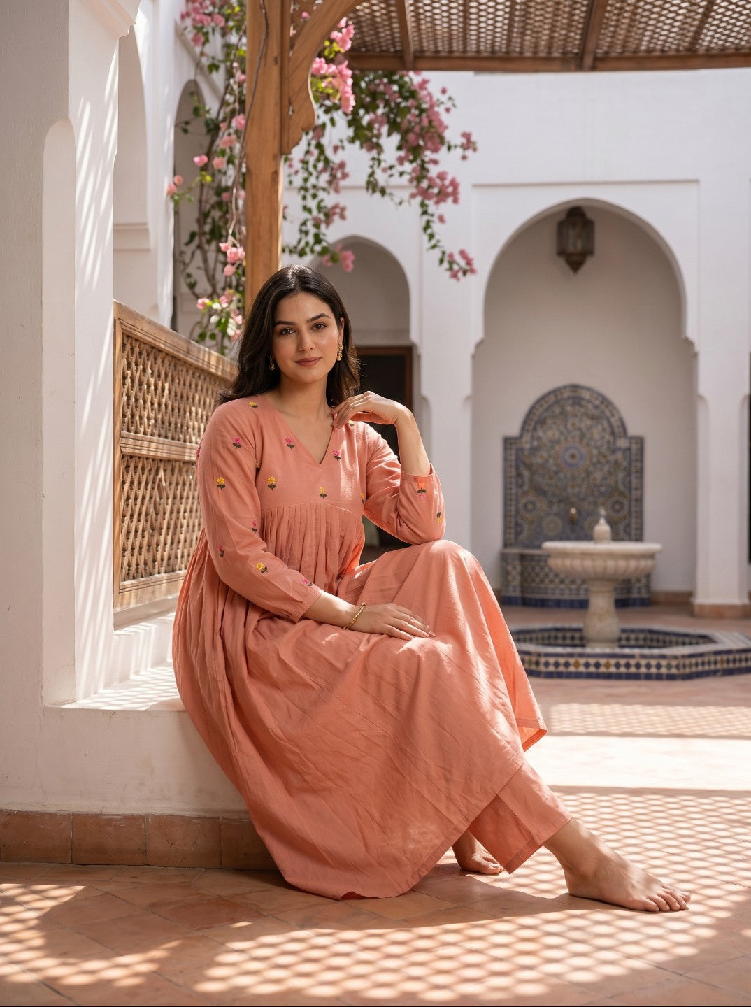 Women Pure Cotton Floral Embroidered A-Line Anarkali Kurta with Straight Pants | Summer Kurta Set