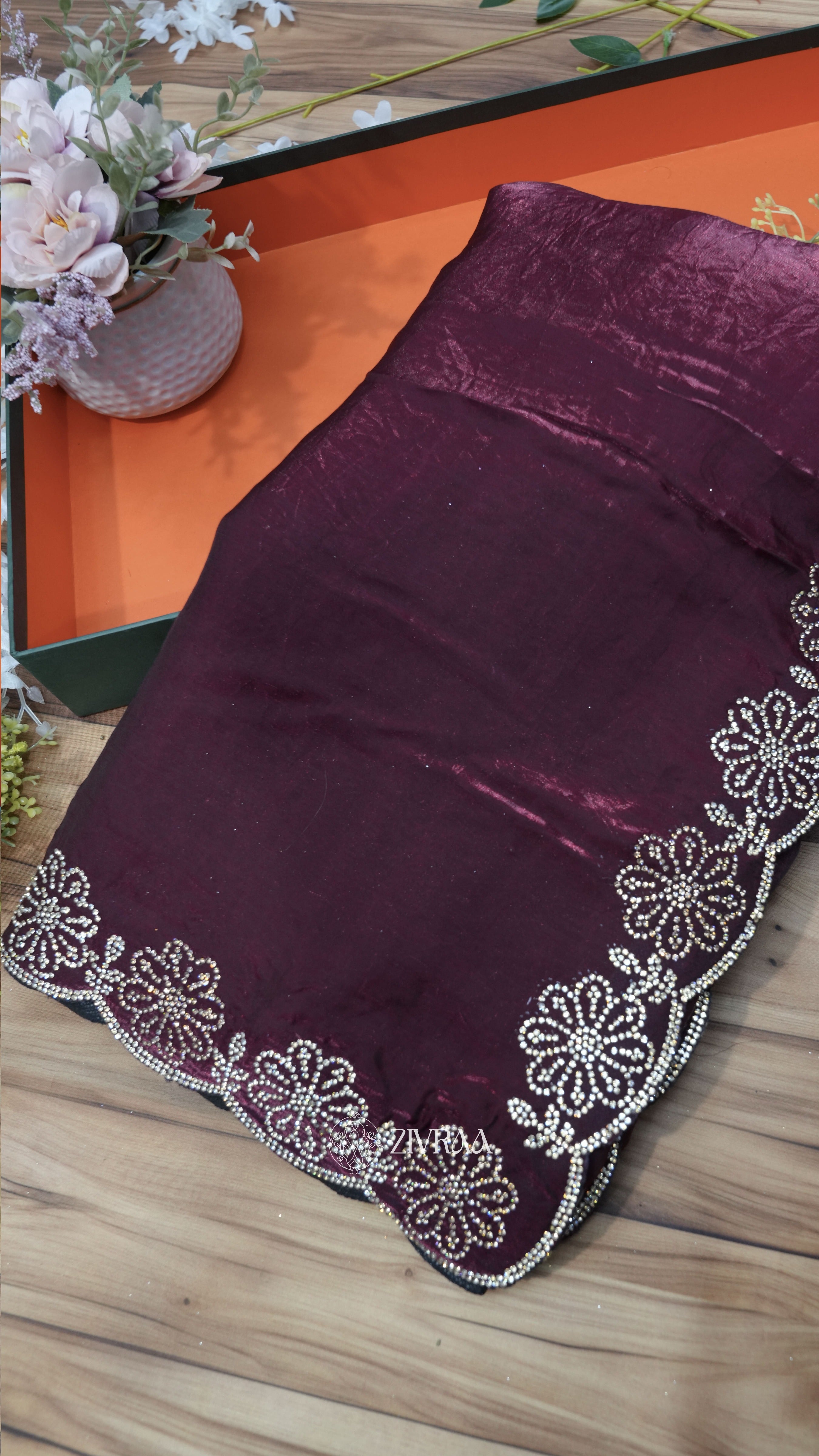 Elegant Rani Pink Saree with Floral Stone Embellished Border