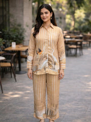Women Mustard Printed Co-Ord Set | Shirt Style Kurta & Striped Pants | Trendy Casual Ethnic Wear