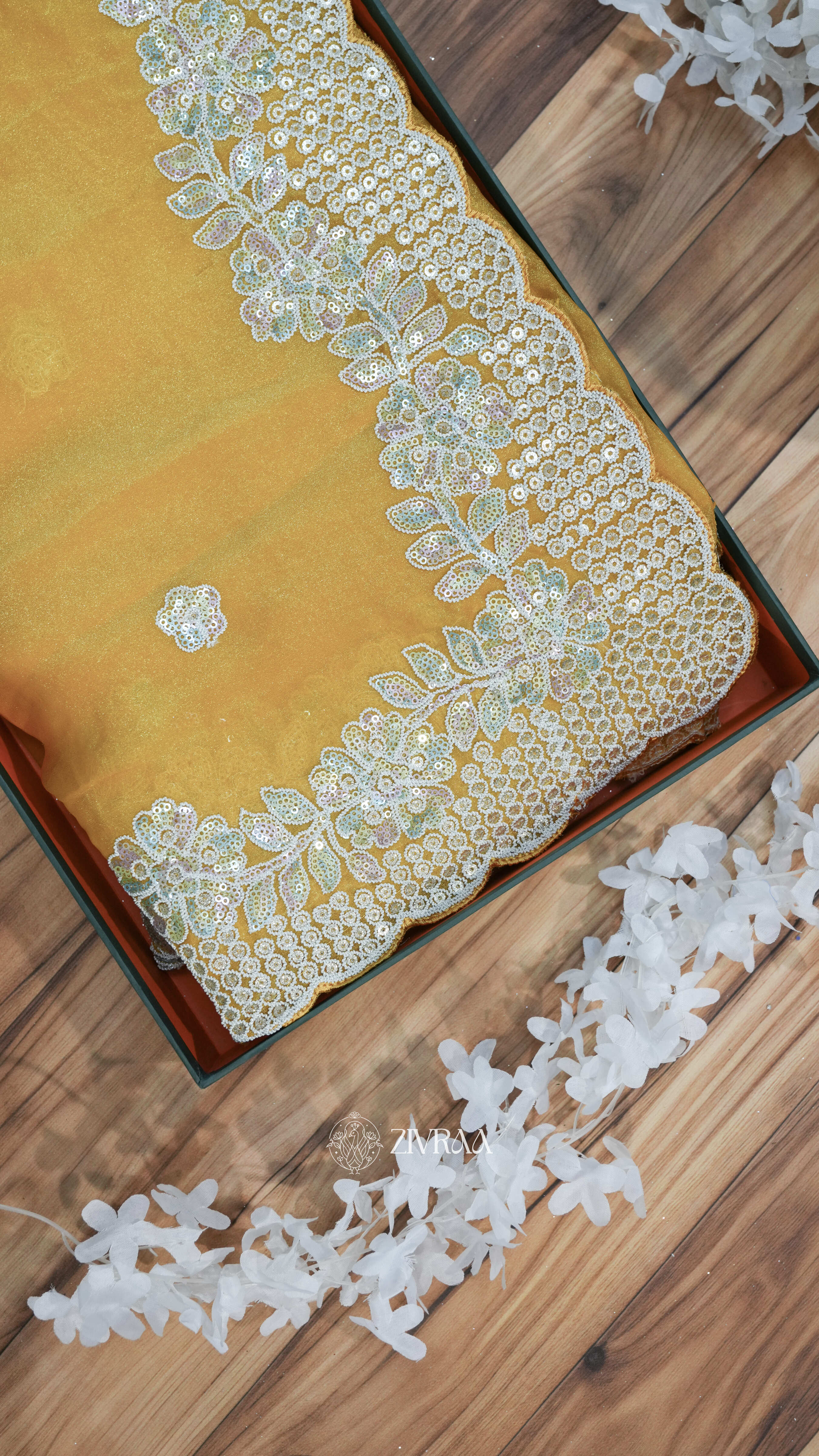 Mustard Yellow Embroidered Saree with Elegant Lace Border