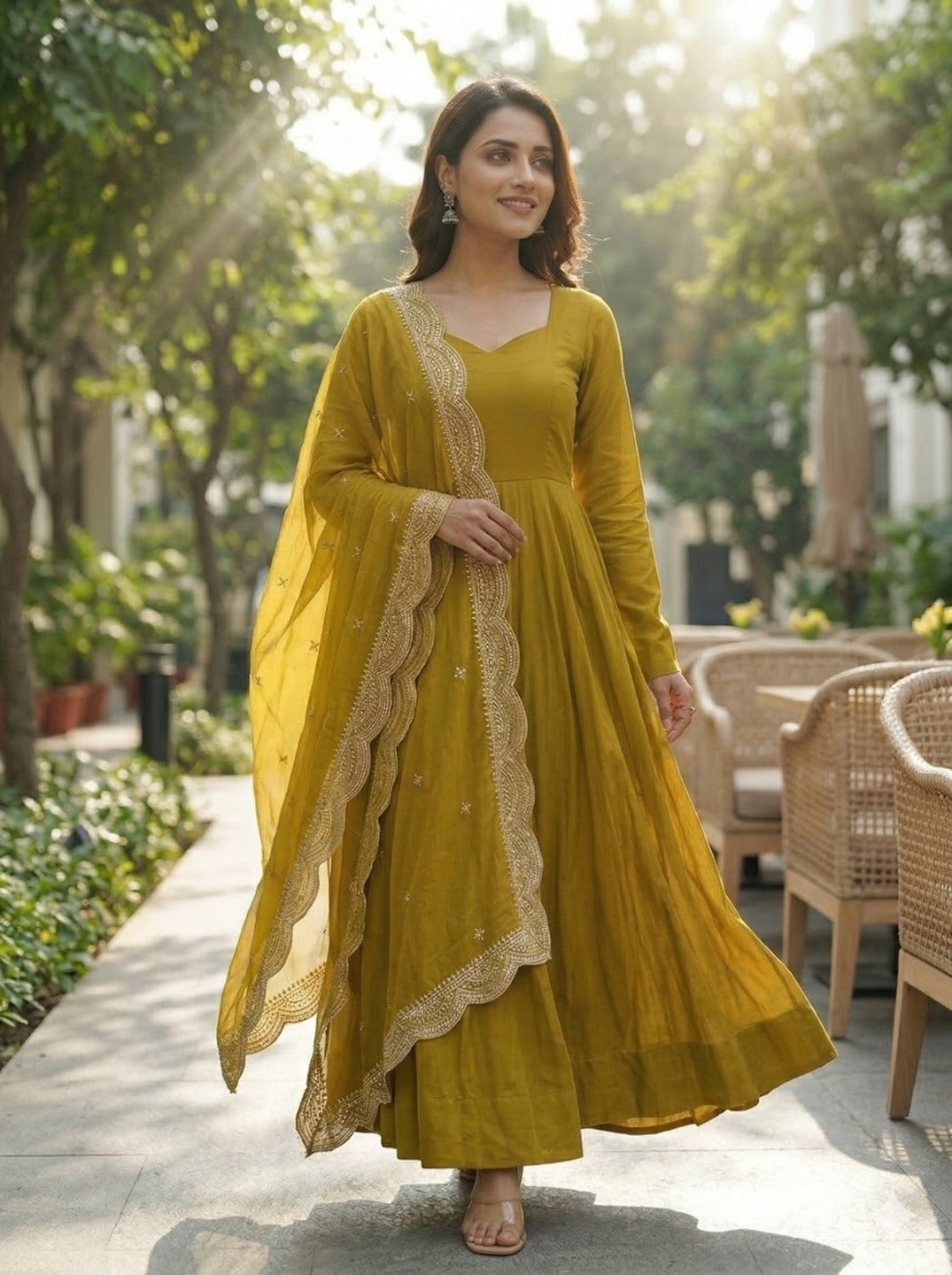 Roman Silk Chanderi Anarkali Kurta Set with Embroidered Dupatta & Pant | Fully Flared Festive Wear for Women