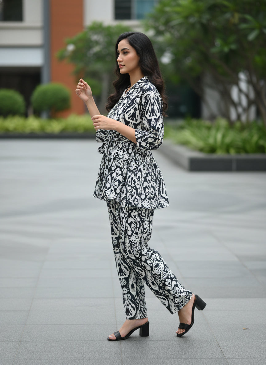 Black & White Printed Co-Ord Set for Women | Peplum Top & Straight Pants