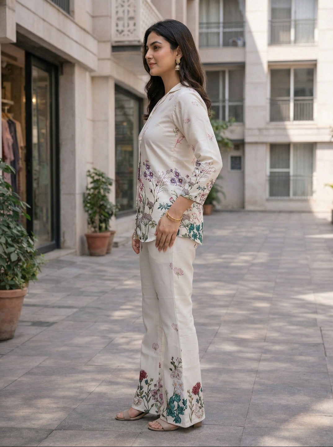 Off White Floral Printed Co-ord Set for Women | Rayon Slub Shirt & Pant Set | Casual Elegant Two Piece Outfit