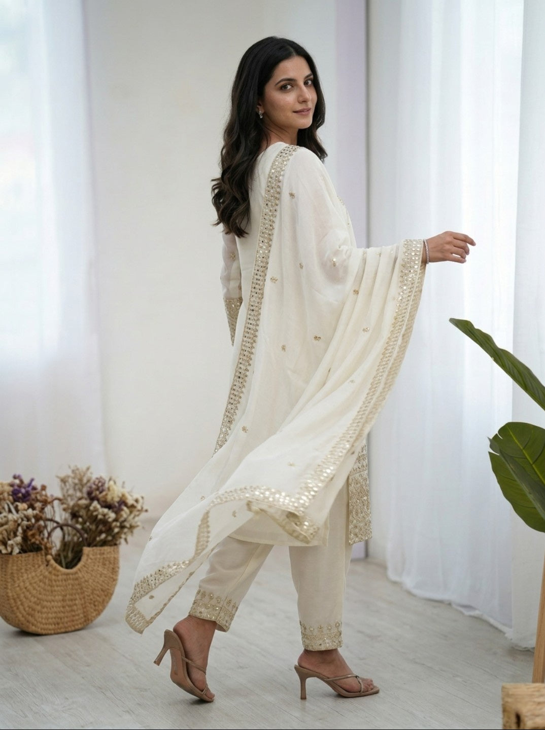 Off White Chinon Silk Embroidered Kurta Set with Dupatta | Straight Fit Ethnic Suit for Women | Festive & Party Wear