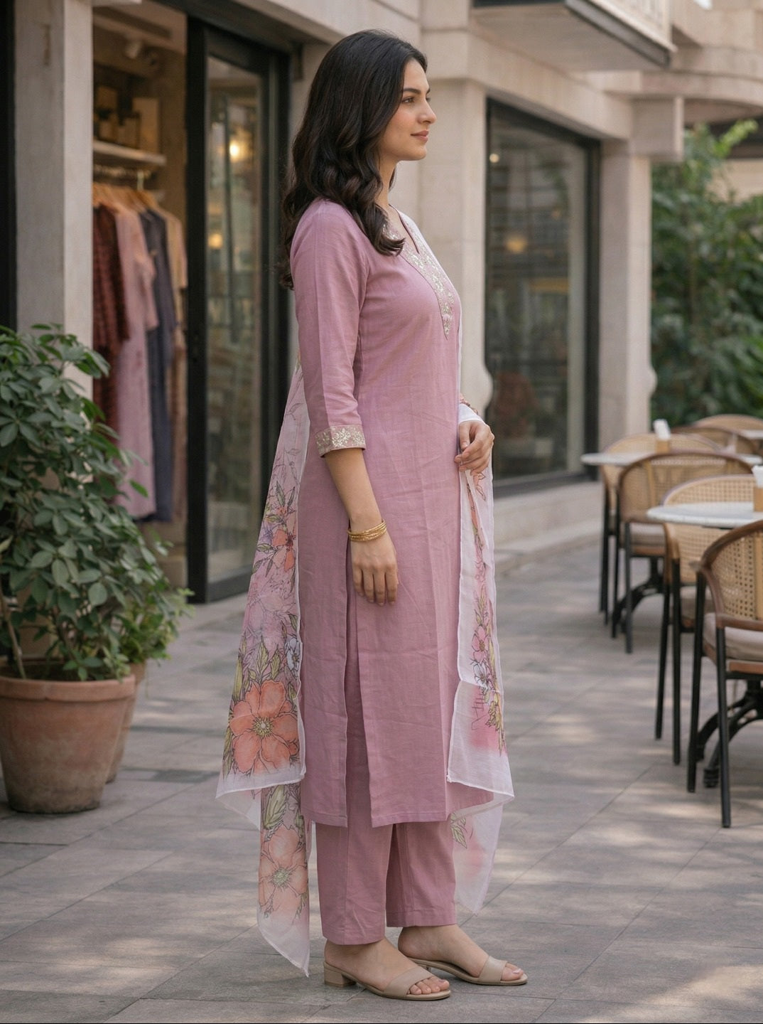 Women Rayon Slub Kurta Set with Chanderi Floral Digital Print Dupatta | Elegant Ethnic Suit Set