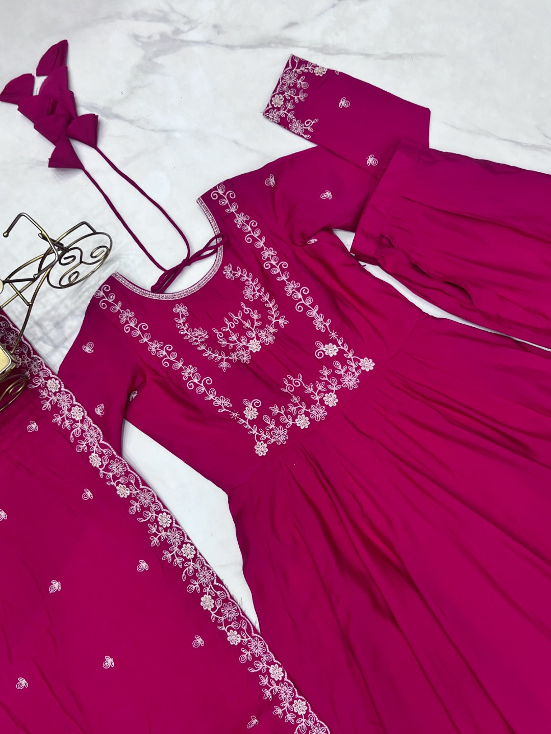Dark Pink Anarkali Kurta Set with Dupatta & Pant | Roman Chanderi Silk Fully Flared Ethnic Wear for Women | Festive & Wedding Collection