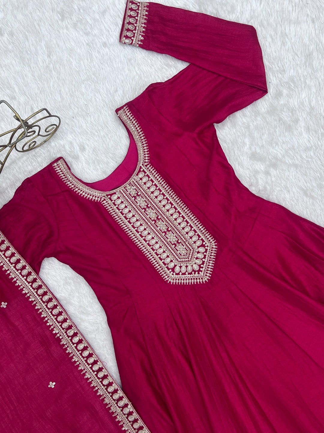 Dark Pink Pure Vichitra Silk Anarkali Kurta Set with Dupatta | Heavy Embroidered Party Wear Gown Set for Women