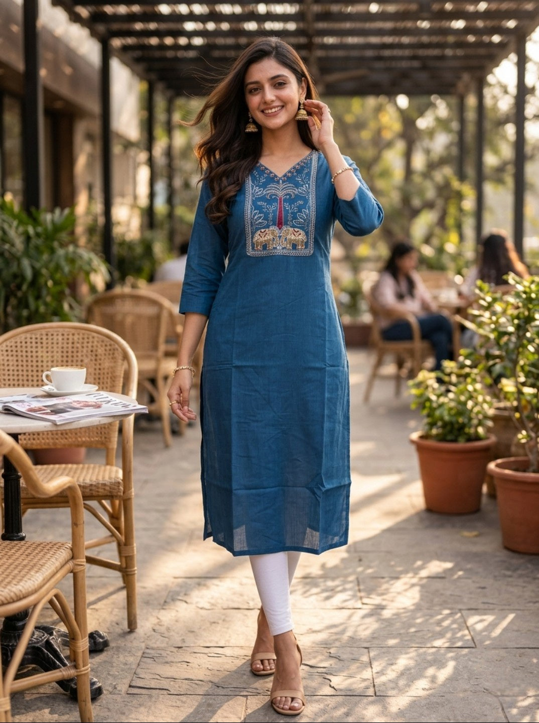 Women Tealblue Embroidered Rayon Slub Straight Kurti | Ethnic Casual Office Wear Kurta