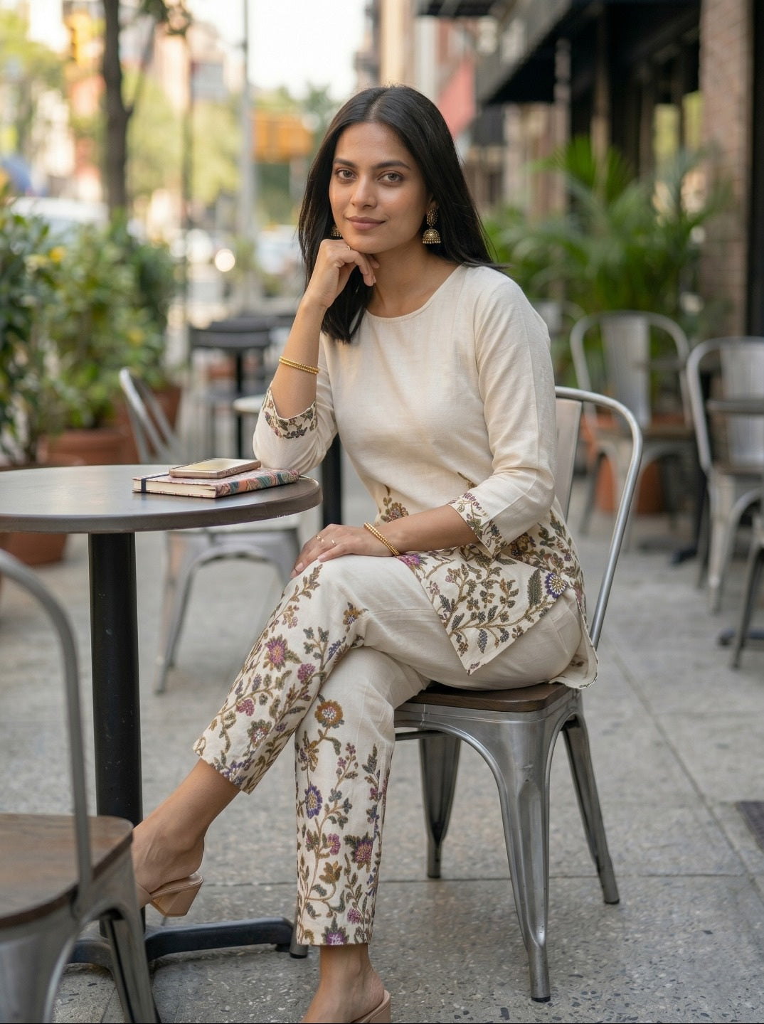 Women Off-White Floral Printed Khadi Cotton Co-Ord Set with Straight Kurta & Trousers
