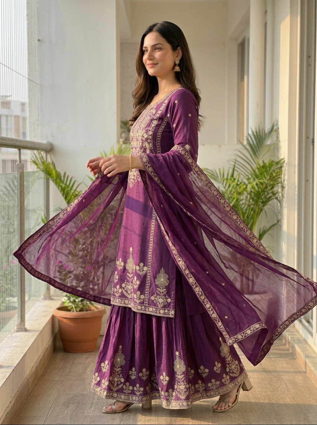 Purple Embroidered Chinnon Silk Kurta Set with Sharara & Dupatta | Festive 3-Piece Ethnic Set for Women