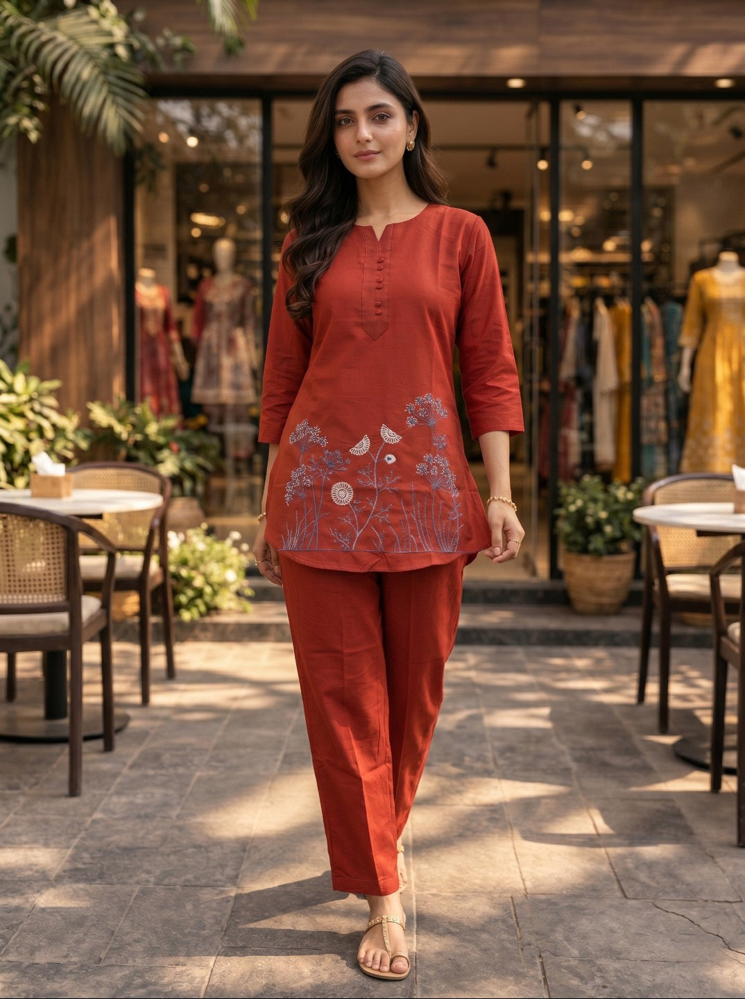 Women's Rust Cotton Floral Printed Co-Ord Set | Straight Fit Top With Matching Pants | Casual & Ethnic Wear Set