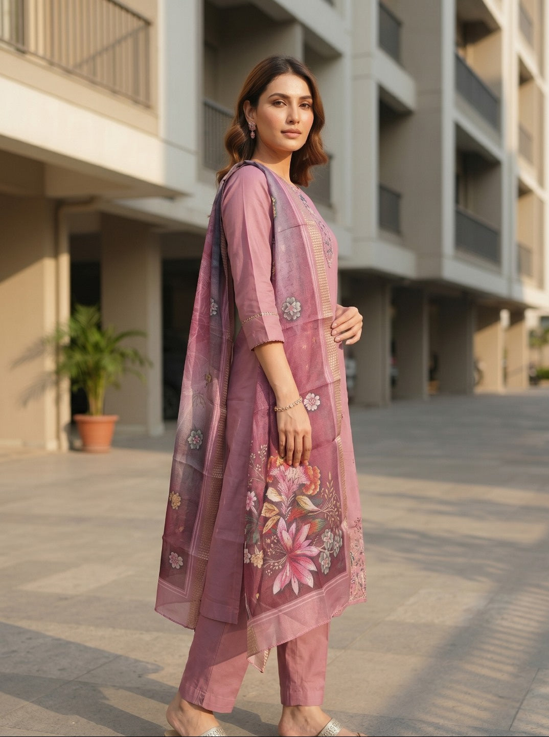 Pink Roman Silk Embroidered Kurta Pant Set with Floral Organza Chanderi Dupatta | Premium Ethnic Wear for Women