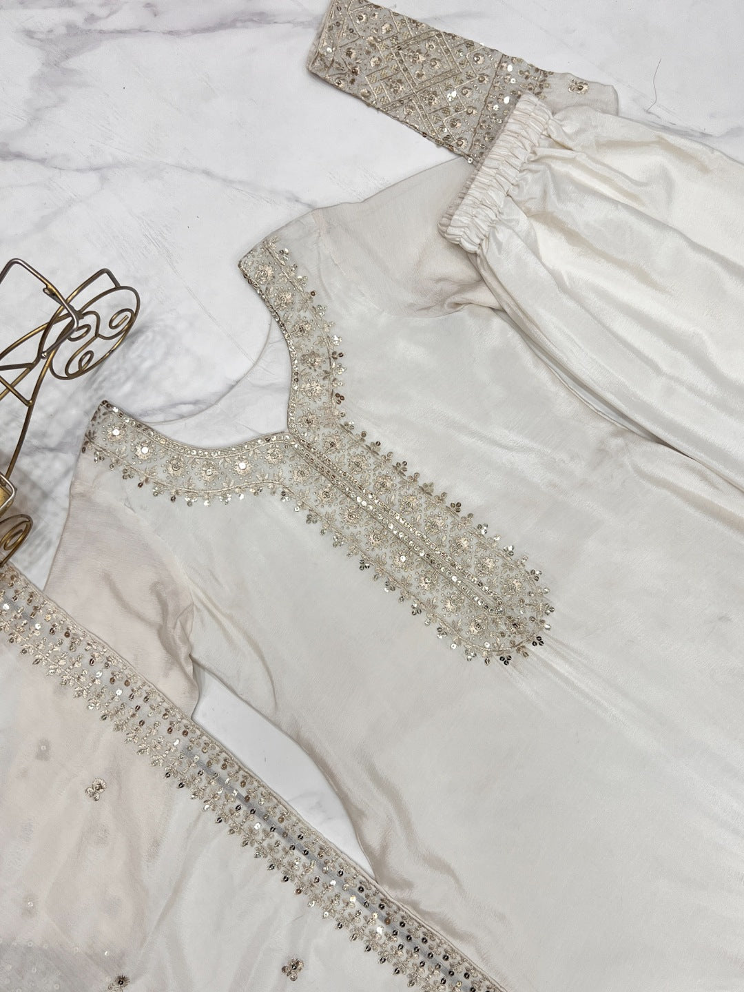 Off White Chinon Silk Embroidered Kurta Set with Dupatta | Straight Fit Ethnic Suit for Women | Festive & Party Wear
