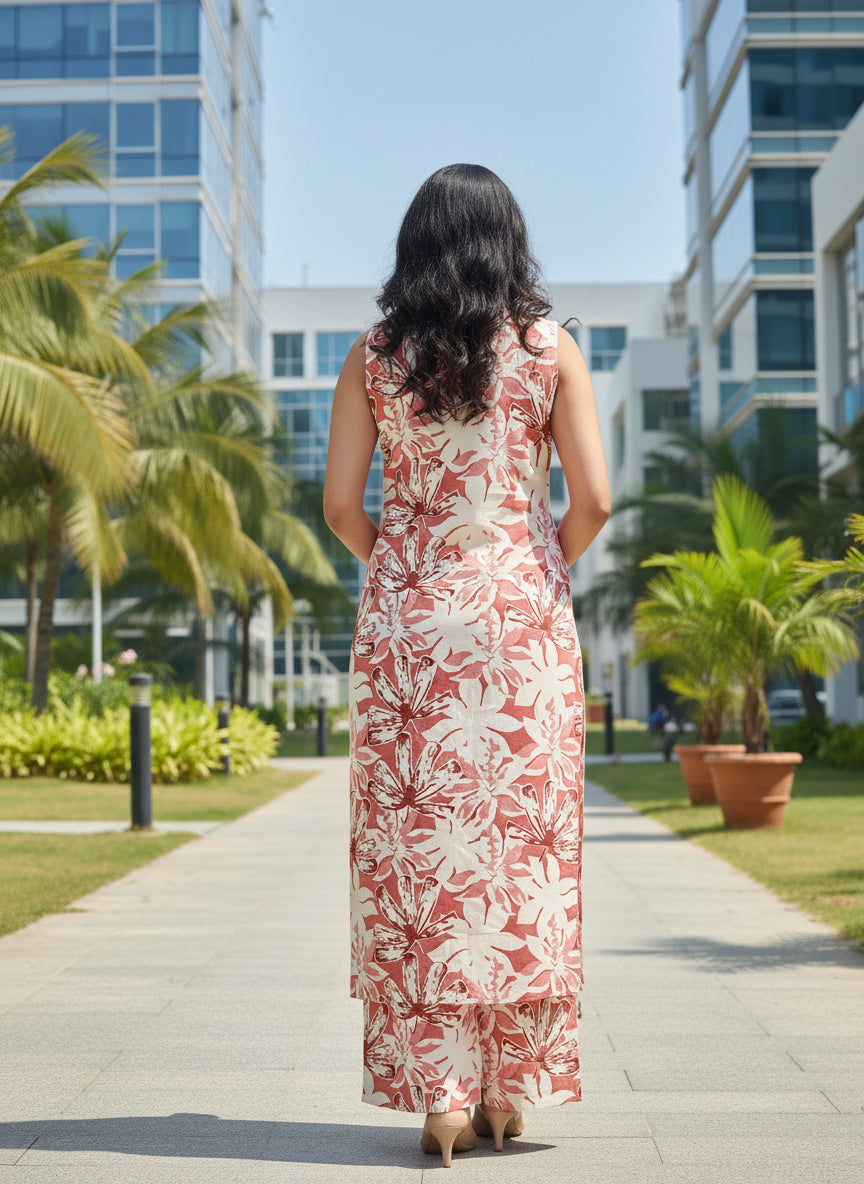 Floral Printed 2-Piece Kurta Set – Sleeveless Straight Kurta with Matching Bottom | Summer Ethnic Wear