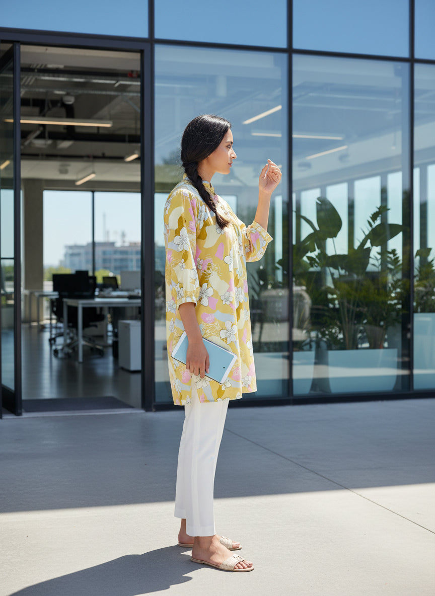 Women Yellow Floral Printed Cotton Kurti | Summer Trend 2026 Straight Fit Ethnic Kurta for Office Wear, Daily Wear & Casual Chic Look (1 Piece Only)