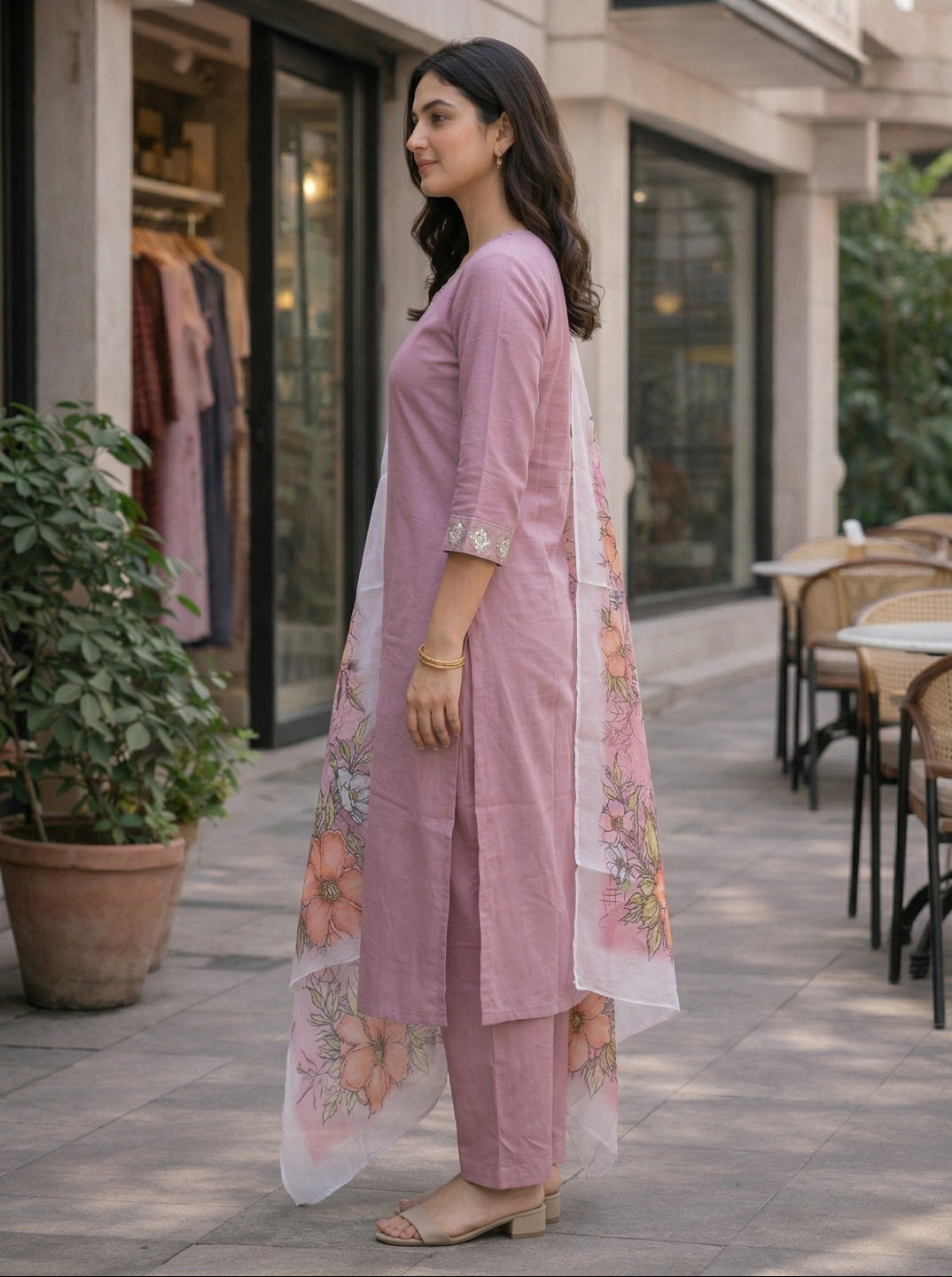 Women Rayon Slub Kurta Set with Chanderi Floral Digital Print Dupatta | Elegant Ethnic Suit Set