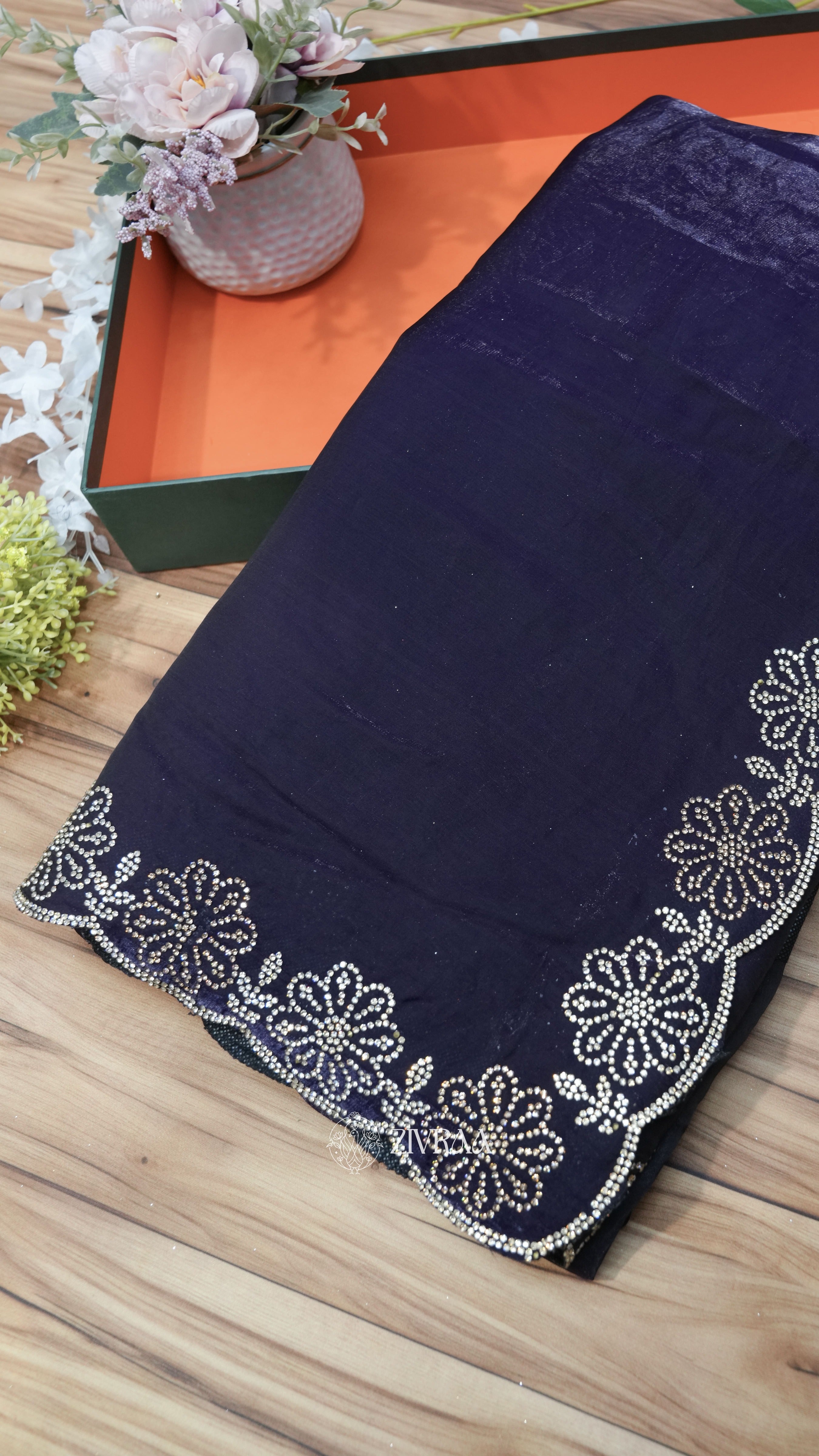 Elegant Rani Pink Saree with Floral Stone Embellished Border